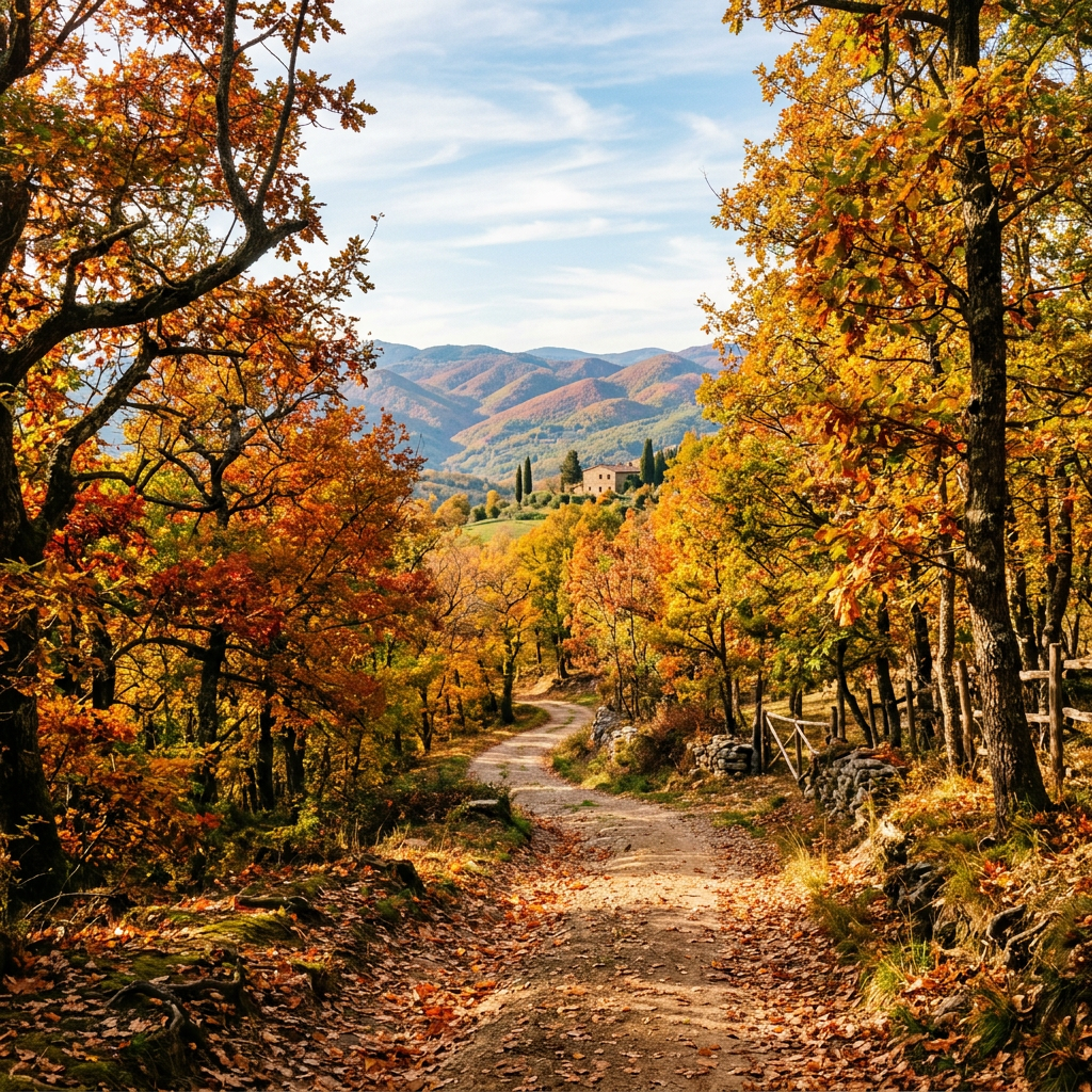 Leaf-covered forest path leading toward a hillside farmhouse and mountains