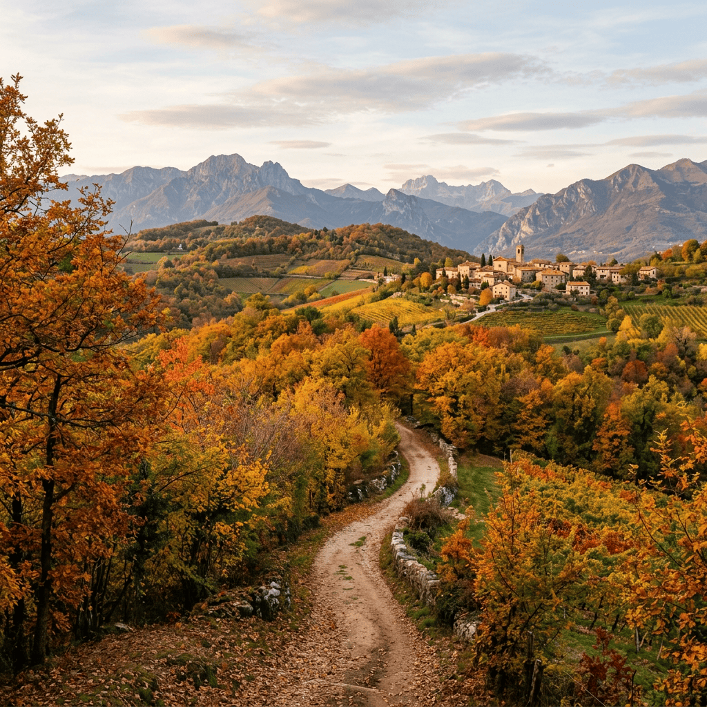 Winding path through autumn forest toward a village and mountains